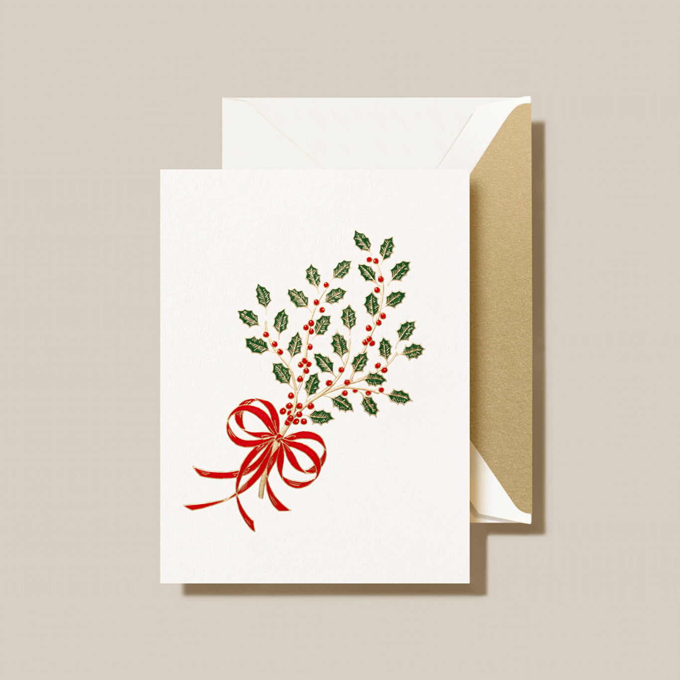 Crane - Holly Sprig Holiday Greeting Card - 10 Notes / 10 Gold Lined Envelopes