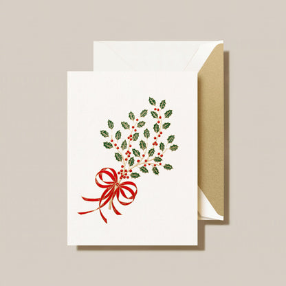 Crane - Holly Sprig Holiday Greeting Card - 10 Notes / 10 Gold Lined Envelopes