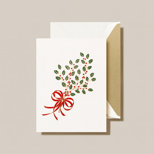 Crane - Holly Sprig Holiday Greeting Card - 10 Notes / 10 Gold Lined Envelopes