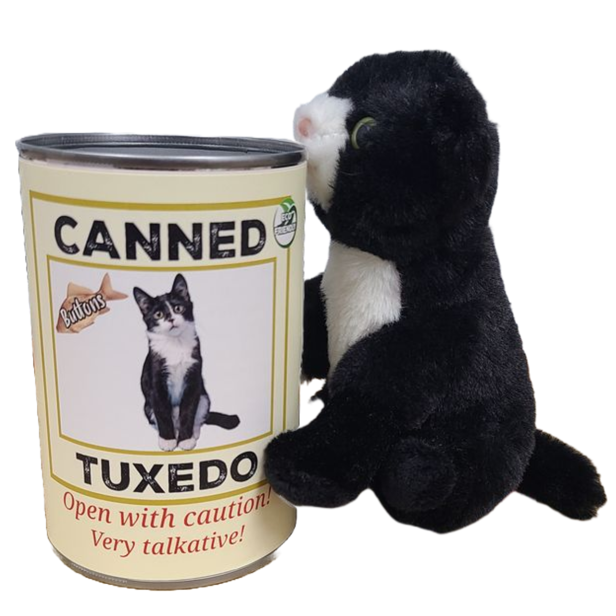 Canned Gifts - Buttons The Canned Tuxedo Cat - Stuffed Animal