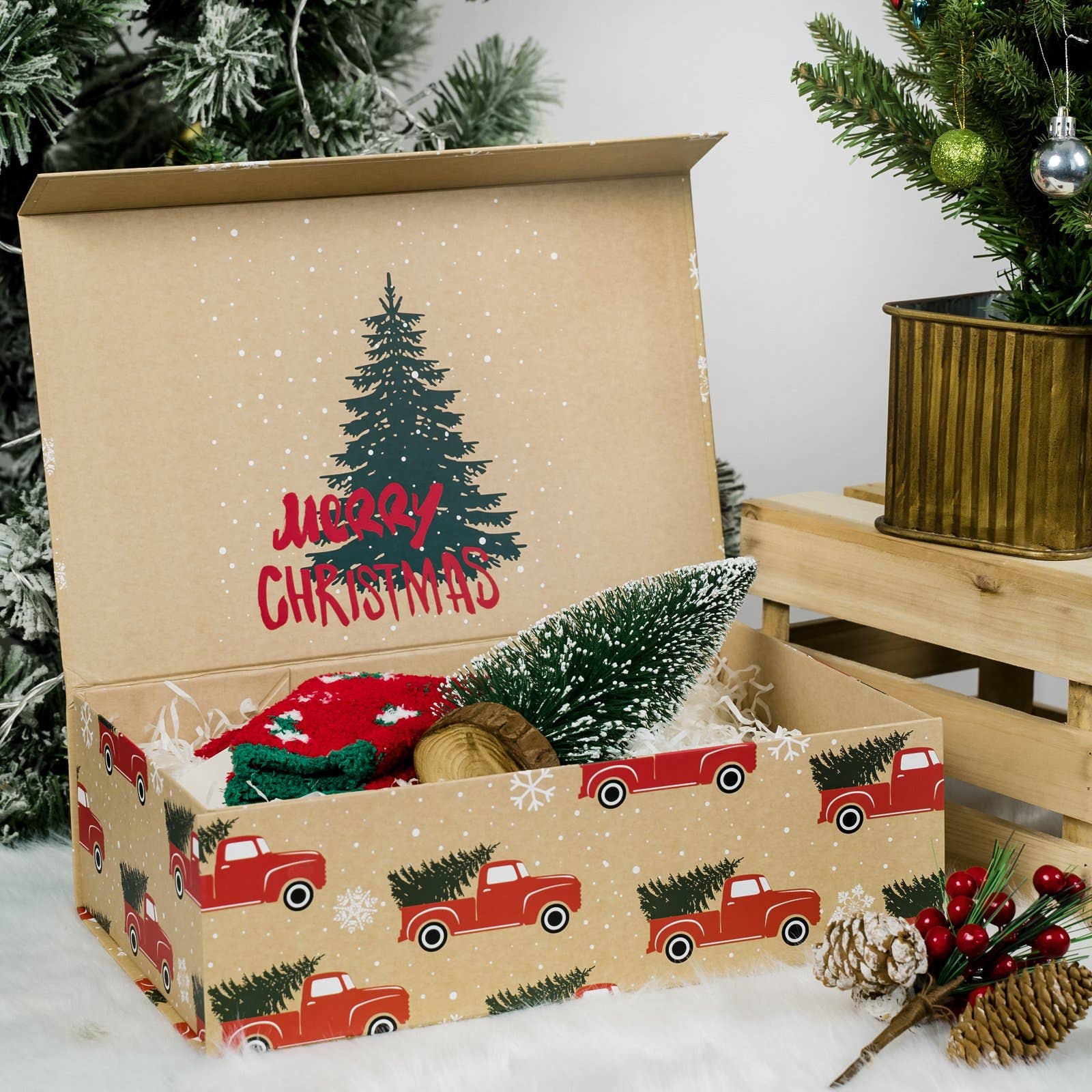 Empty Gift Basket - Red Truck w/ Christmas Tree Holiday Gift Box - 14 in. x 9 in. x 4.3 in.
