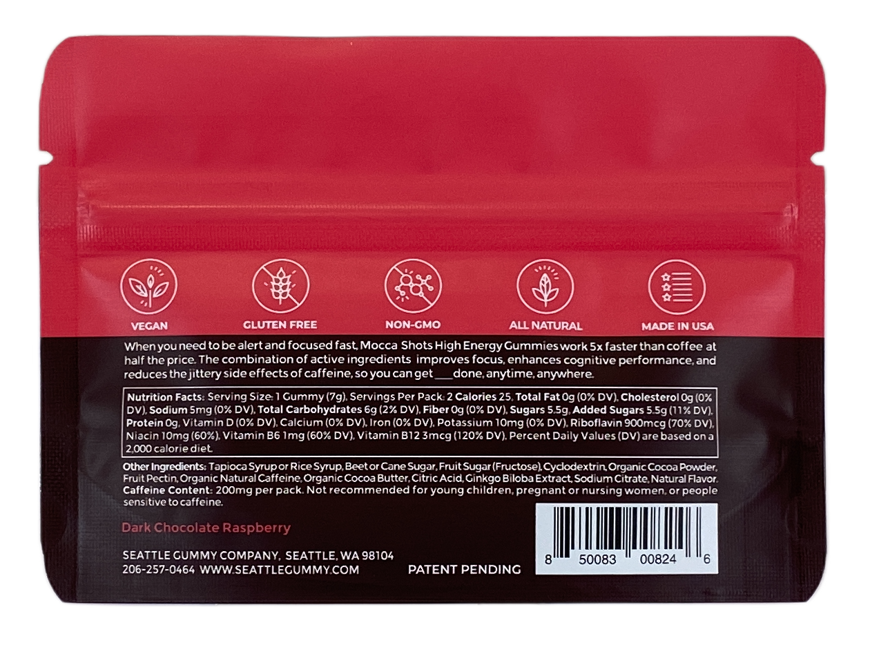 Mocca Shots - Dark Chocolate Raspberry Caffeine Gummies - 12 Pack