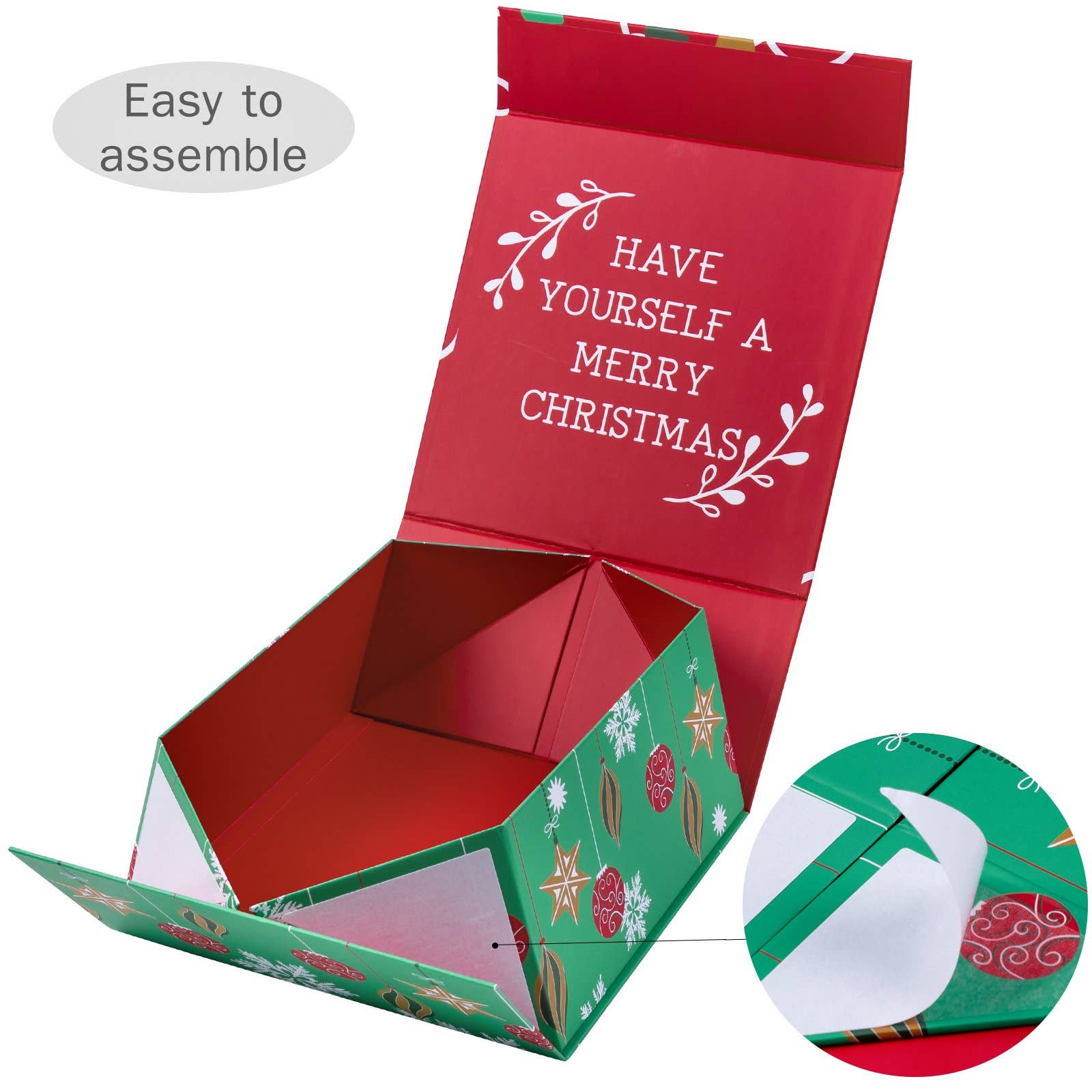 Empty Gift Basket - Red & Green Ornaments Holiday Gift Box - 8 in. x 8 in. x 4 in.