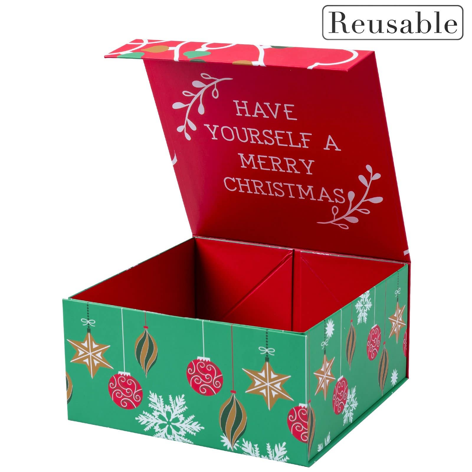 Empty Gift Basket - Red & Green Ornaments Holiday Gift Box - 8 in. x 8 in. x 4 in.