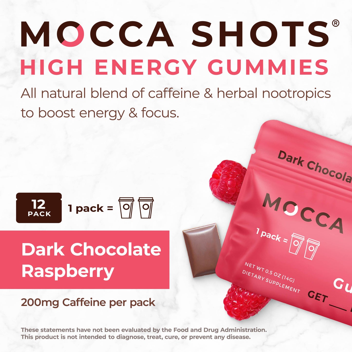 Mocca Shots - Dark Chocolate Raspberry Caffeine Gummies - 12 Pack