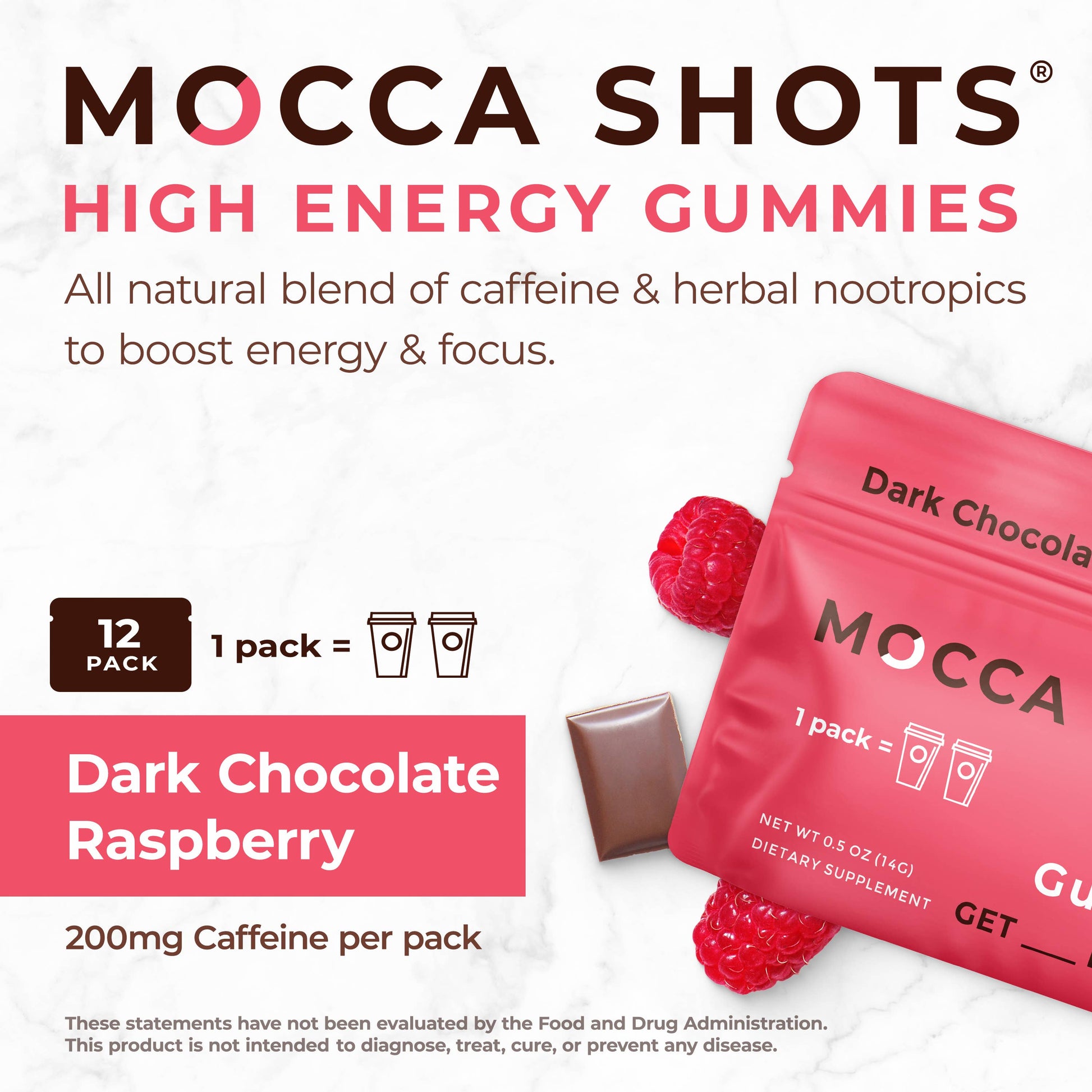 Mocca Shots - Dark Chocolate Raspberry Caffeine Gummies - 12 Pack