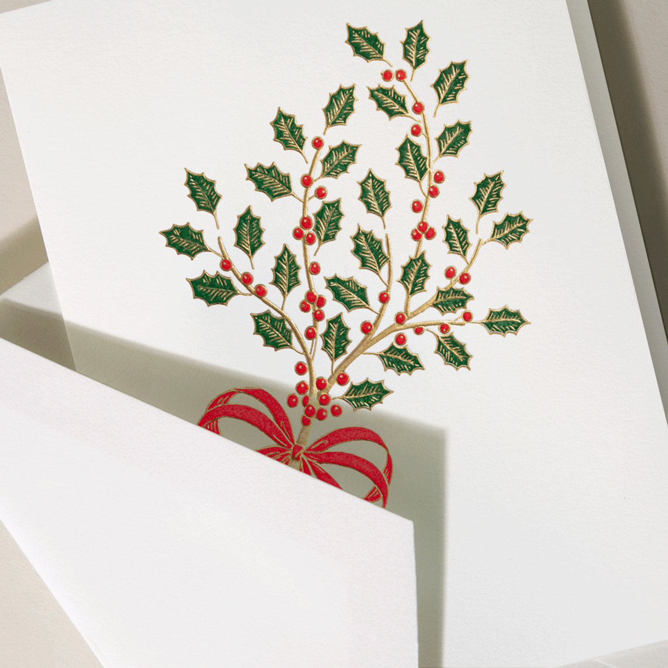 Crane - Holly Sprig Holiday Greeting Card - 10 Notes / 10 Gold Lined Envelopes