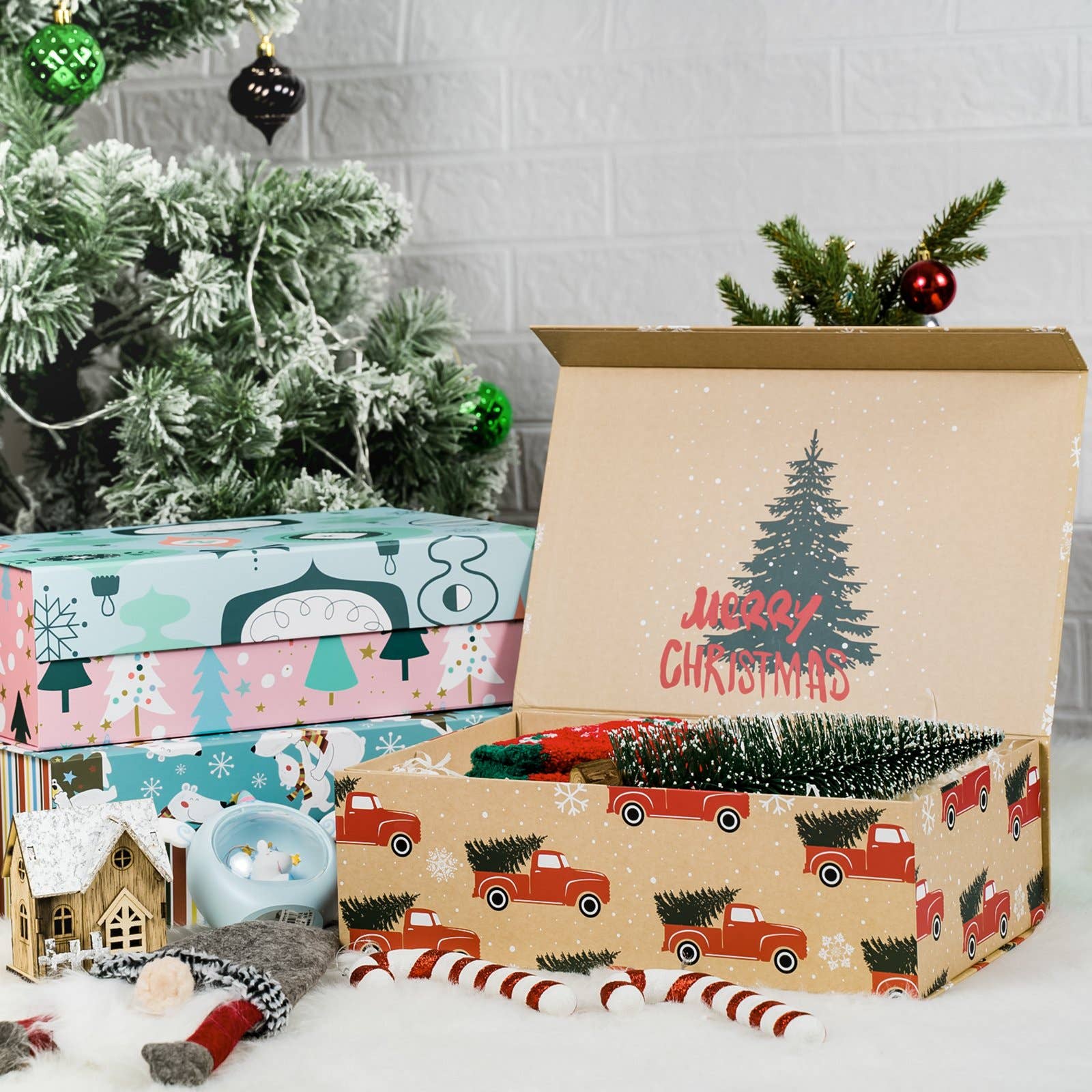 Empty Gift Basket - Red Truck w/ Christmas Tree Holiday Gift Box - 14 in. x 9 in. x 4.3 in.