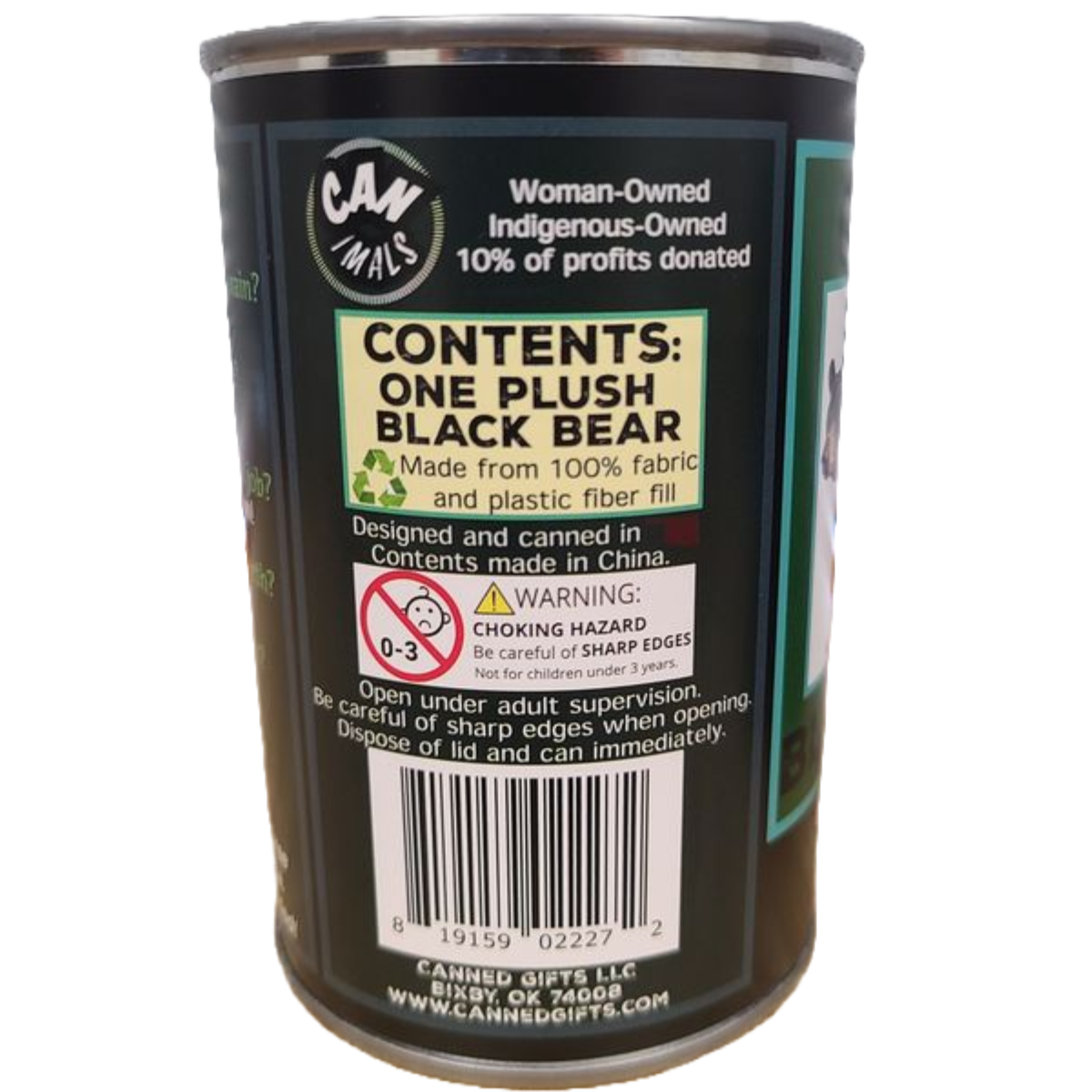 Canned Gifts - Russ The Canned Black Bear - Stuffed Animal