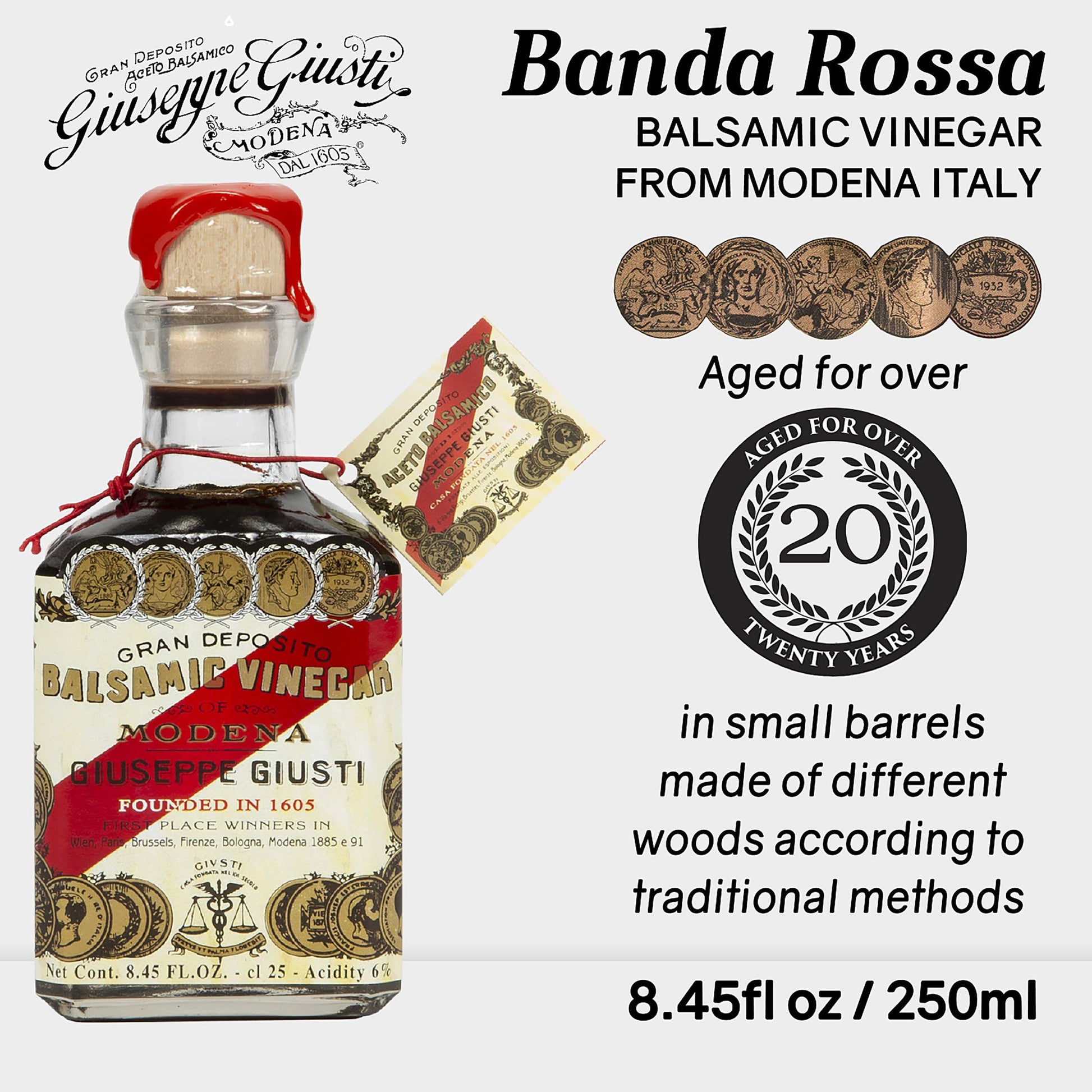 Giuseppe Giusti - 5 Gold Medals - Banda Rossa - Balsamic Vinegar - 20 Yr. - 3.38 oz. - Round Bottle