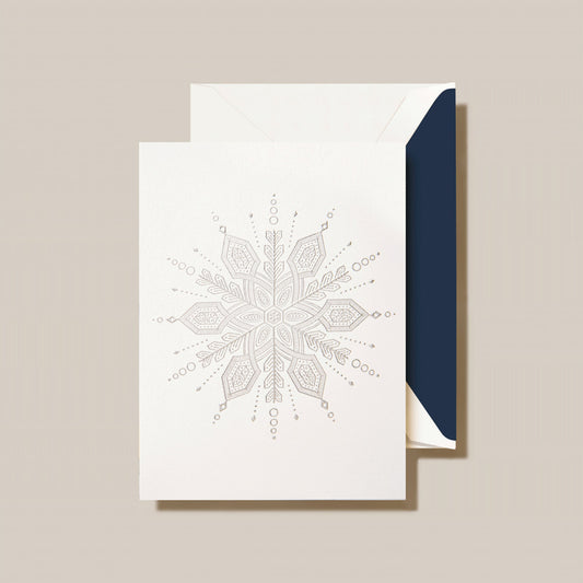 Crane - Silver Snowflake Holiday Greeting Card - 10 Notes / 10 Navy Lined Envelopes