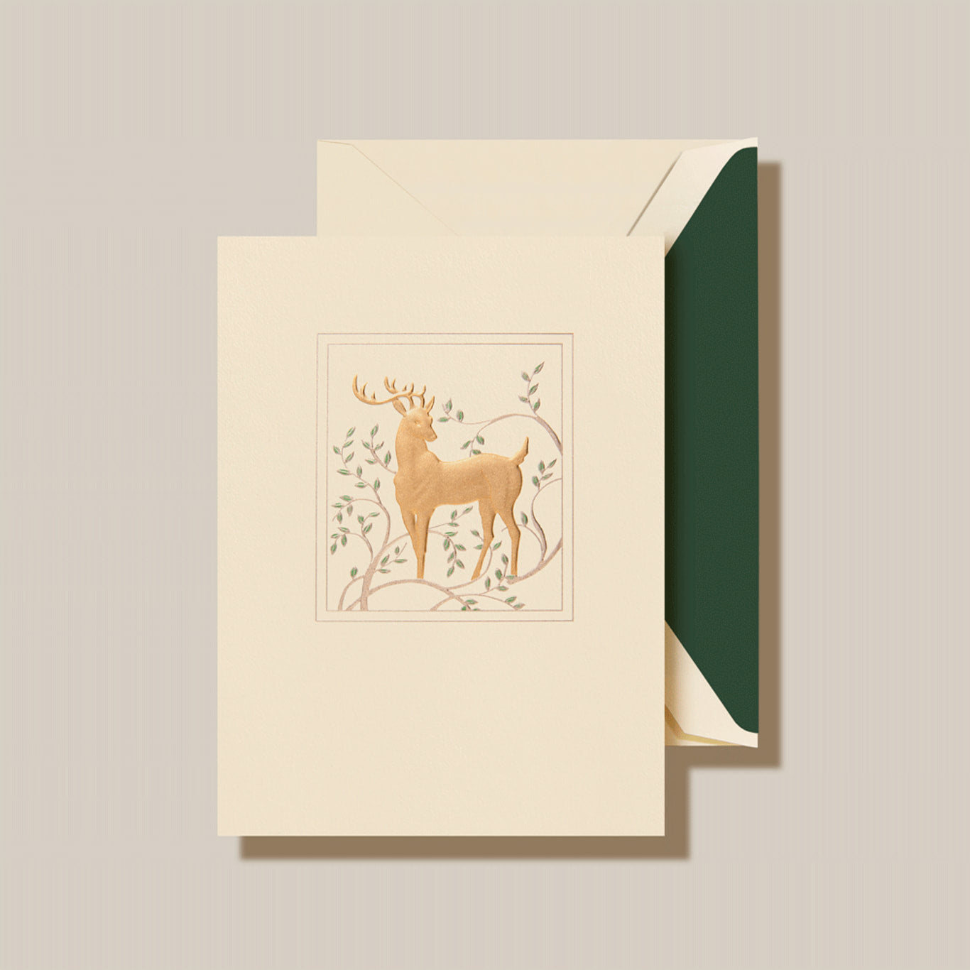 Crane - Woodland Reindeer Holiday Greeting Card - 10 Notes / 10 Green Lined Envelopes