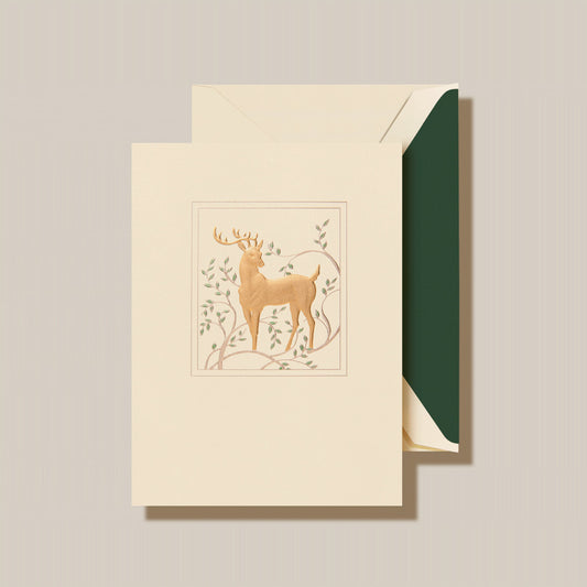 Crane - Woodland Reindeer Holiday Greeting Card - 10 Notes / 10 Green Lined Envelopes