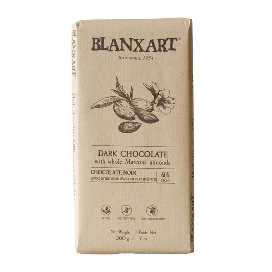 Blanxart dark chocolate bar with whole Marcona almonds on a white background