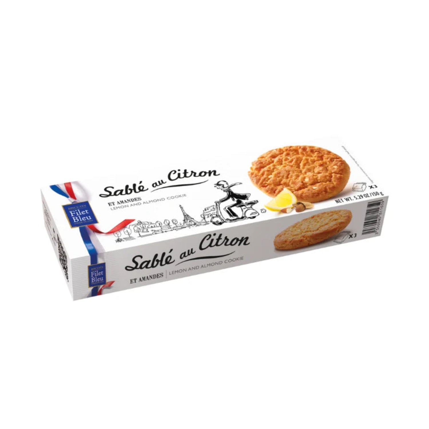 A box of Filte Bleu Sable au Citron (Lemon and Almond) cookies, featuring a white box with illustrations of a cyclist and lemon imagery, on a plain white background.